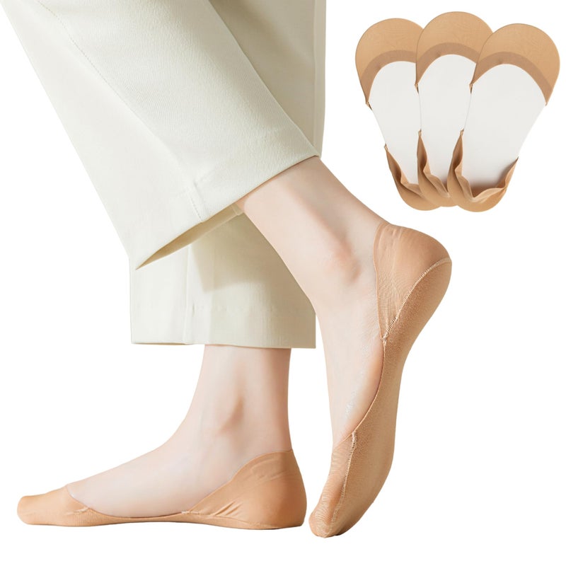 F Flammi No Show Socks Women Non-Slip Invisible Liner Socks Cotton for Flats Heels Pumps Lofers (9-11, 3 Pairs- Beige) - Image 1
